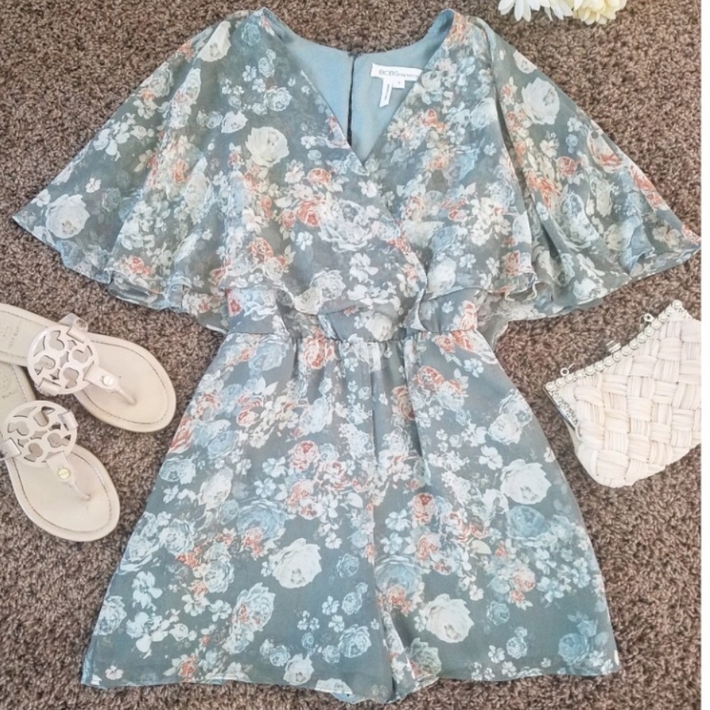 BCBG Romper - Sheer Blue Floral with Pockets